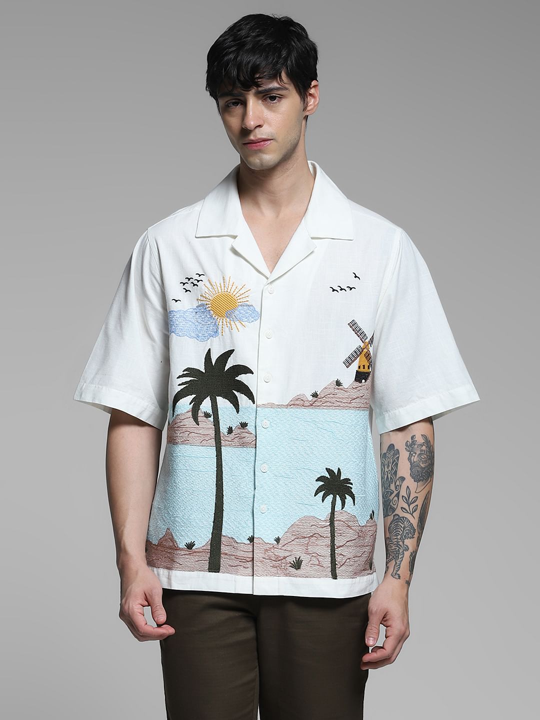 White Landscape Print Oversized Shirt