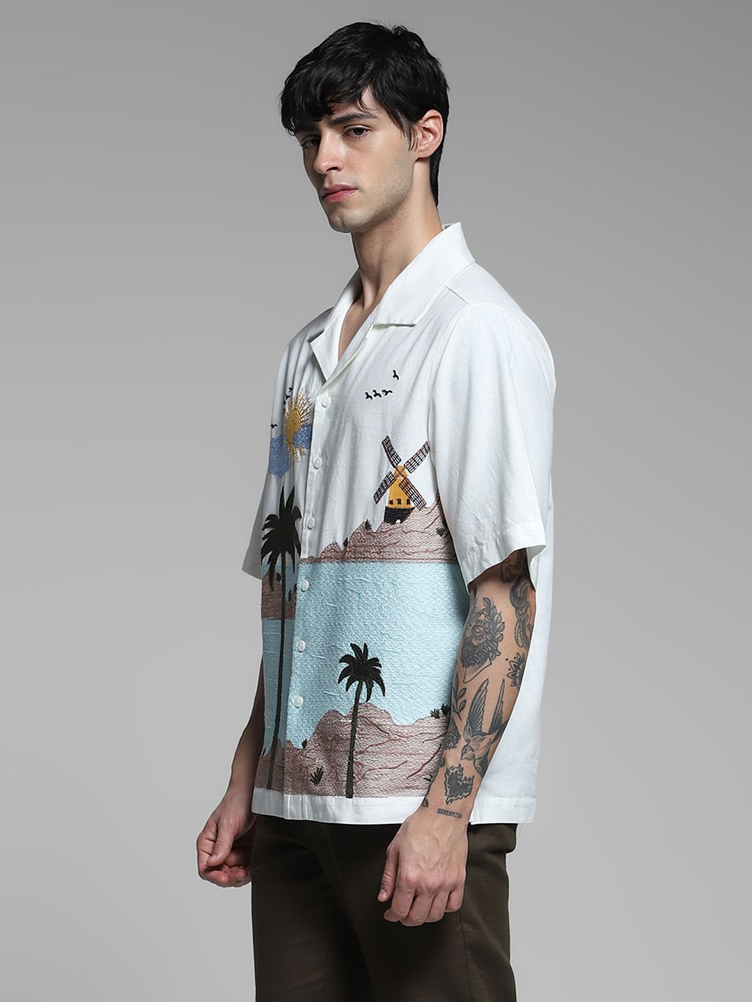 White Landscape Print Oversized Shirt