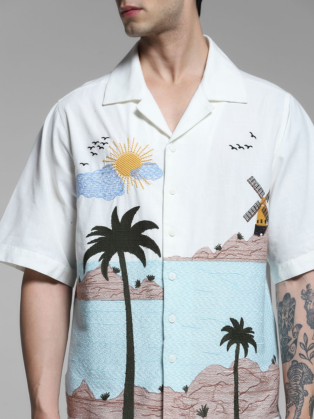 White Landscape Print Oversized Shirt