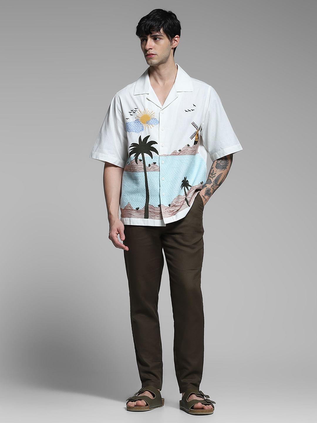 White Landscape Print Oversized Shirt