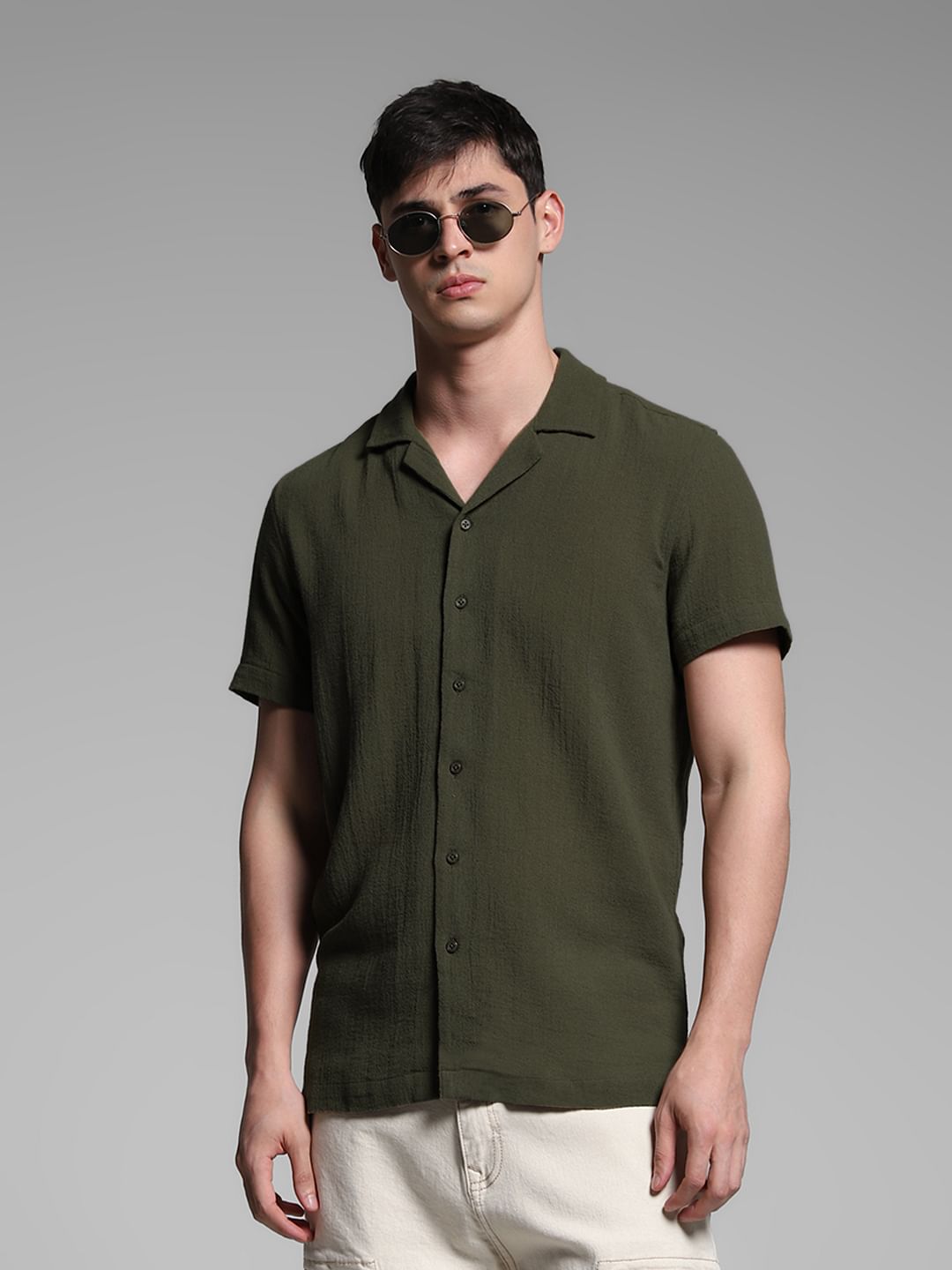 Olive Resort Collar Cotton Shirt - S