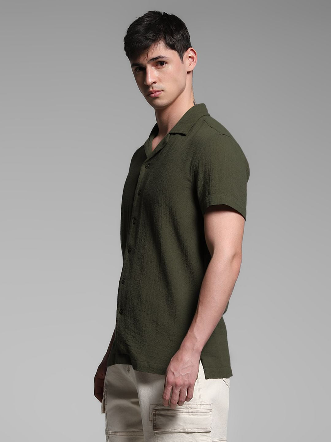 Olive Resort Collar Cotton Shirt