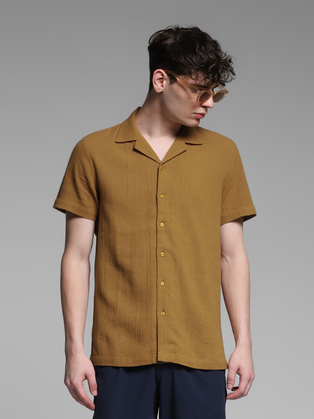 Brown Resort Collar Cotton Shirt - S