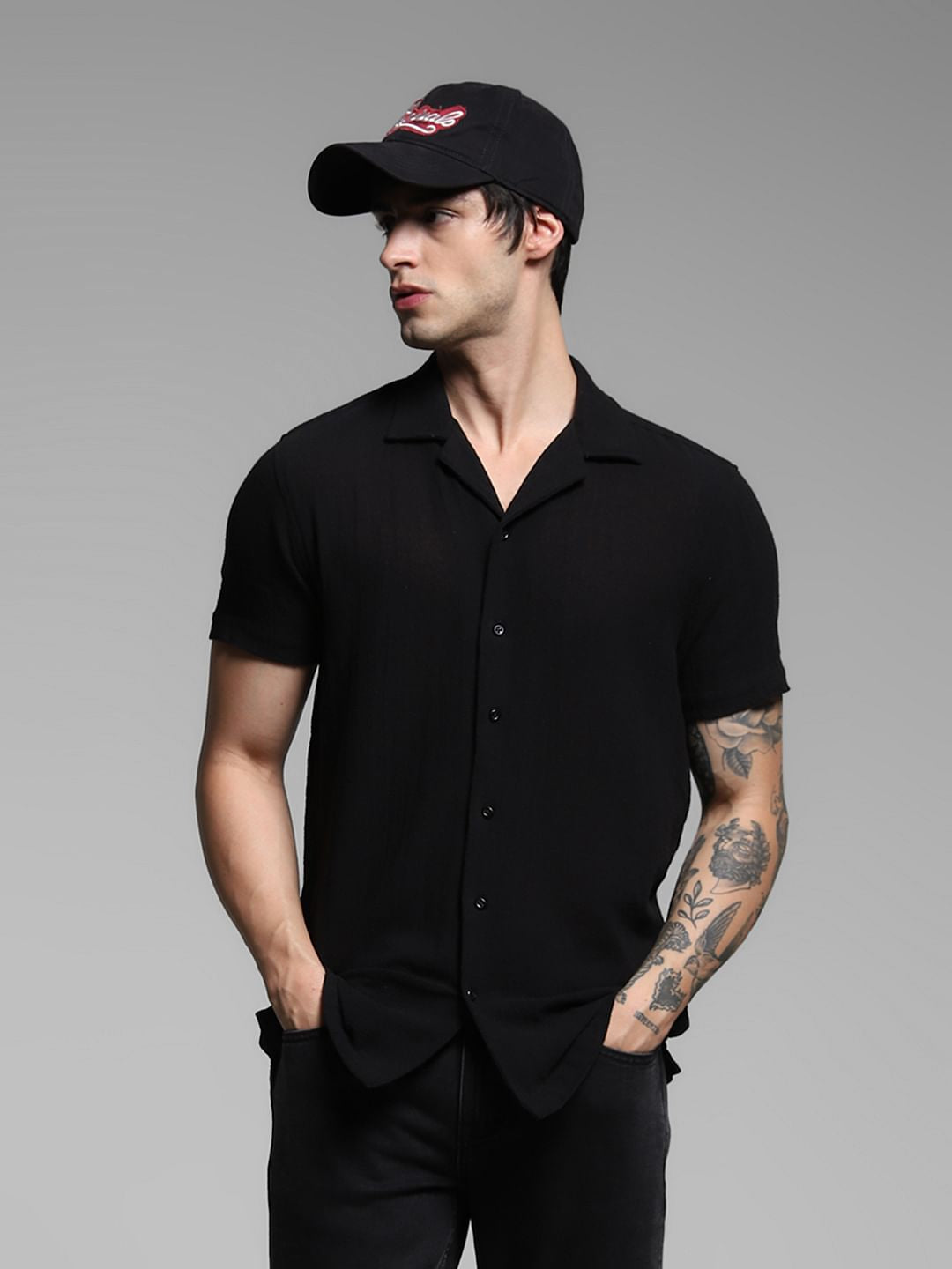 Black Resort Collar Cotton Shirt - M
