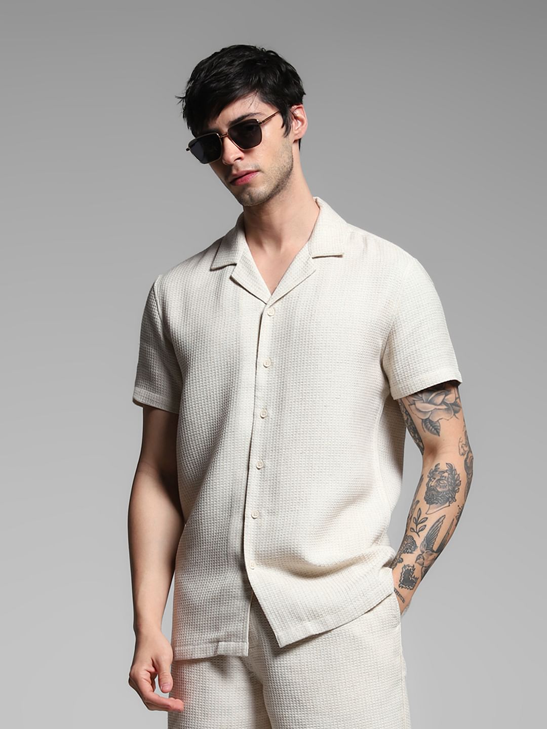 Ecru Waffle Textured Co-ord Set Shirt - XL
