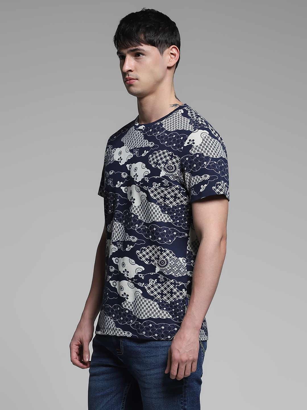 Blue Printed Cotton T-shirt