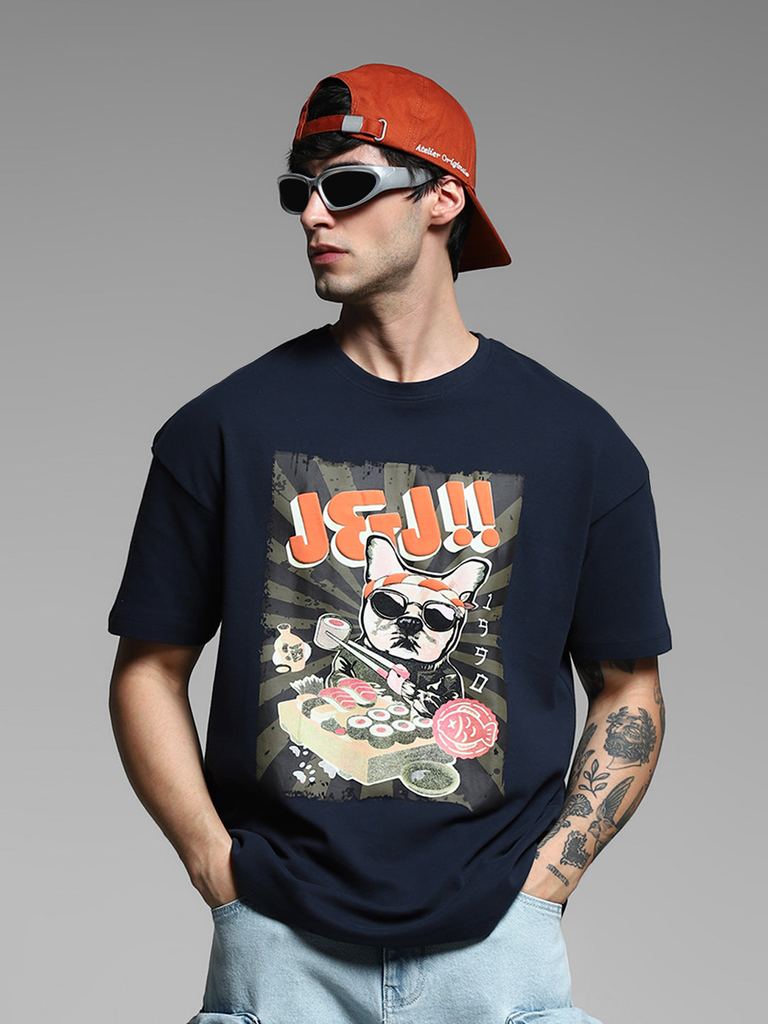 Navy Blue Printed Cotton T-shirt - S