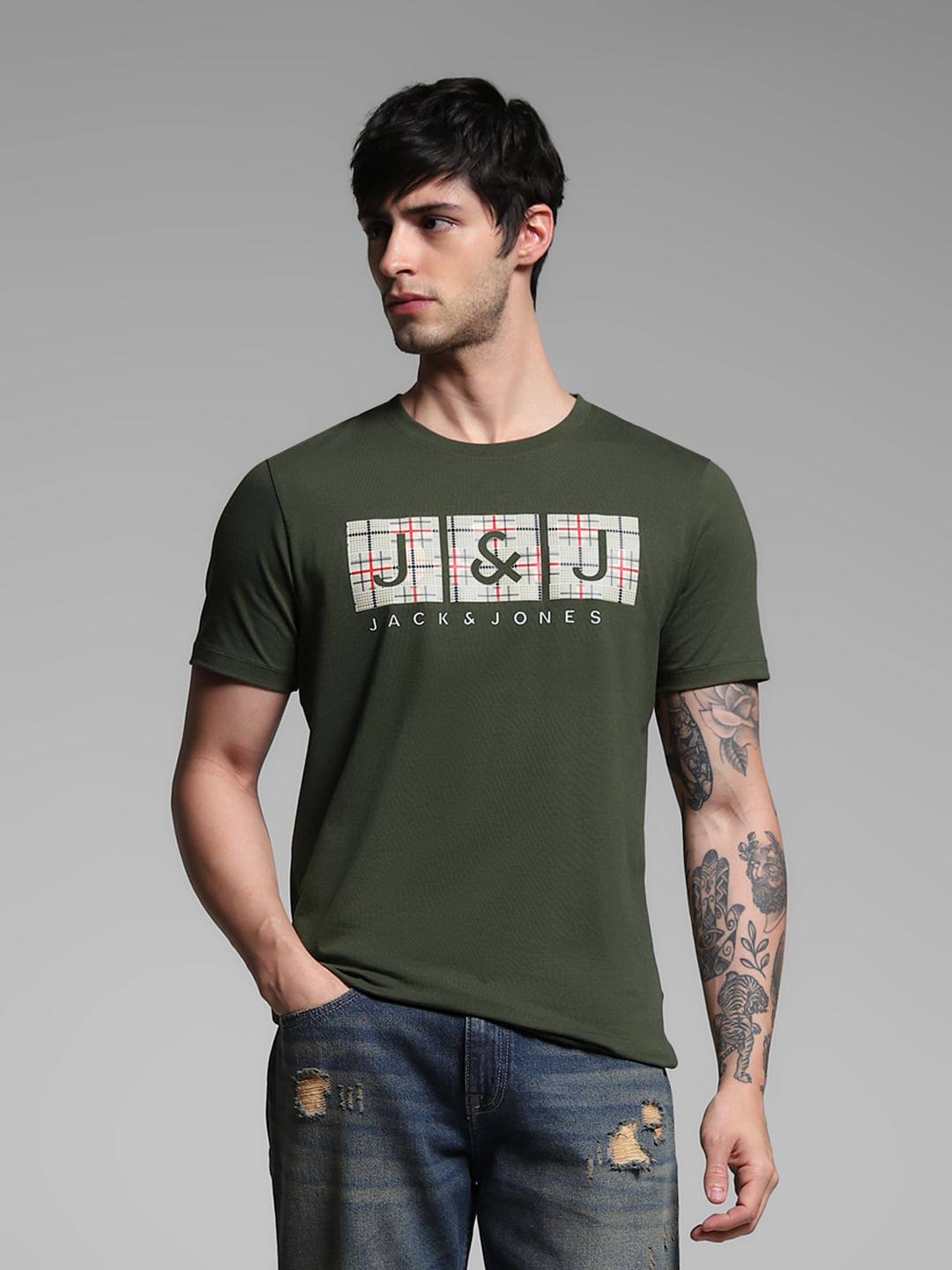 Olive Logo Print Cotton T-shirt - S