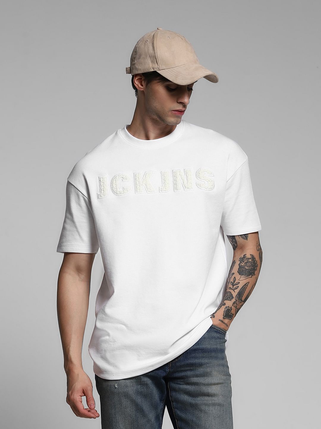 White Logo Print Crew Neck T-shirt - S