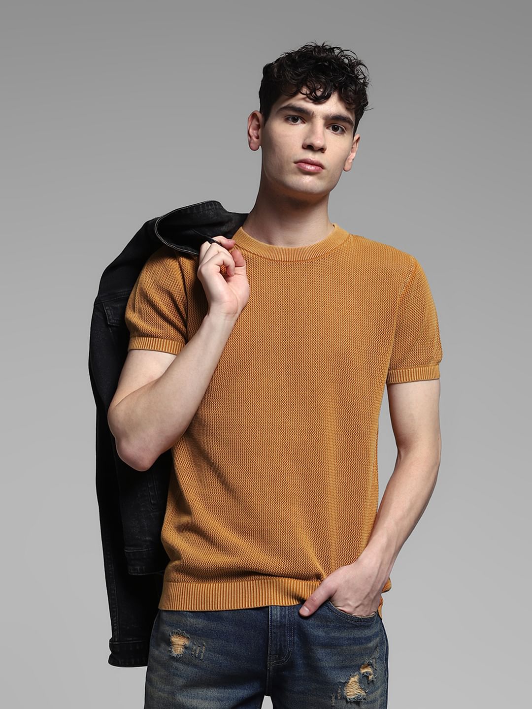 Orange Knitted Crew Neck T-shirt - S
