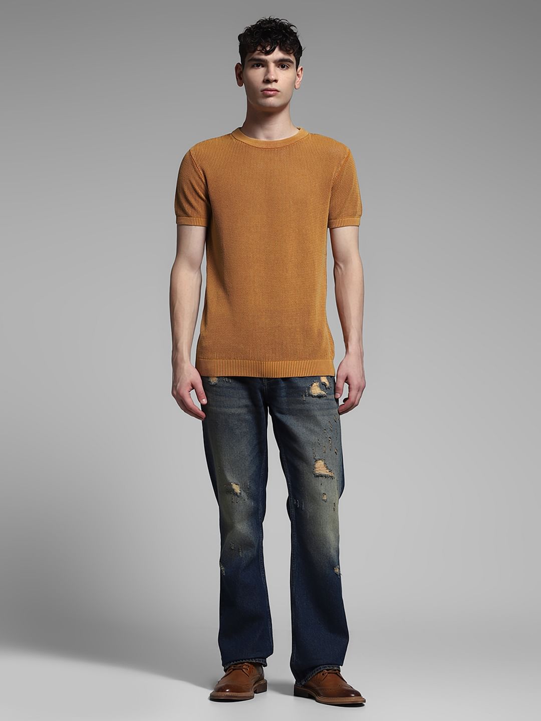 Orange Knitted Crew Neck T-shirt