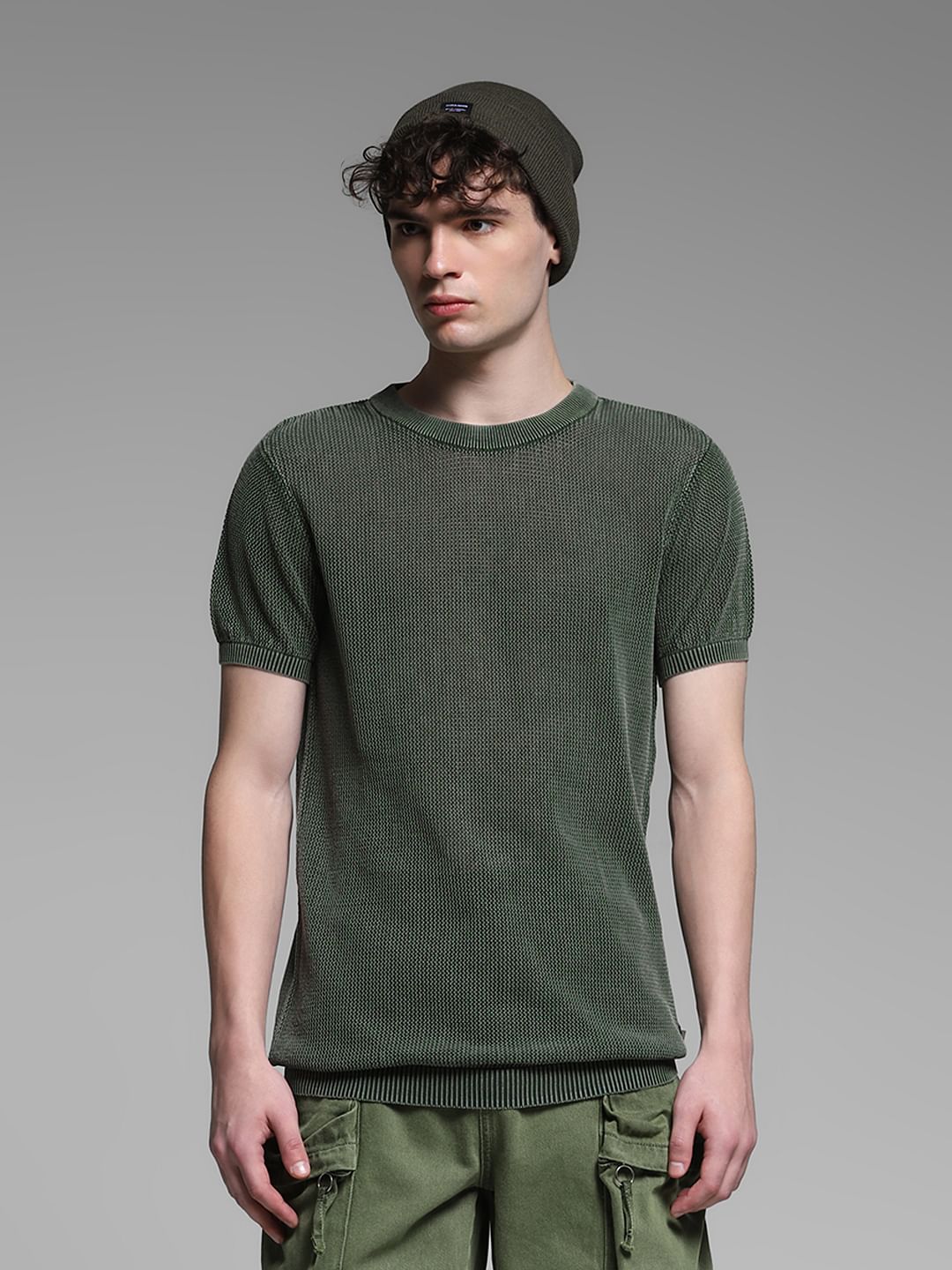 Olive Knitted Crew Neck T-shirt - S