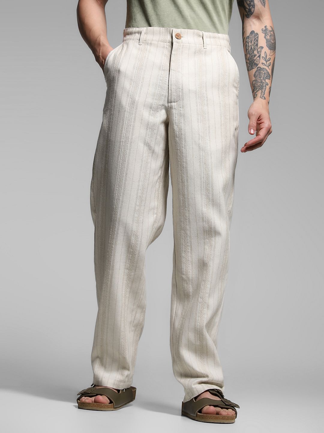 Beige Mid Rise Striped Casual Pants