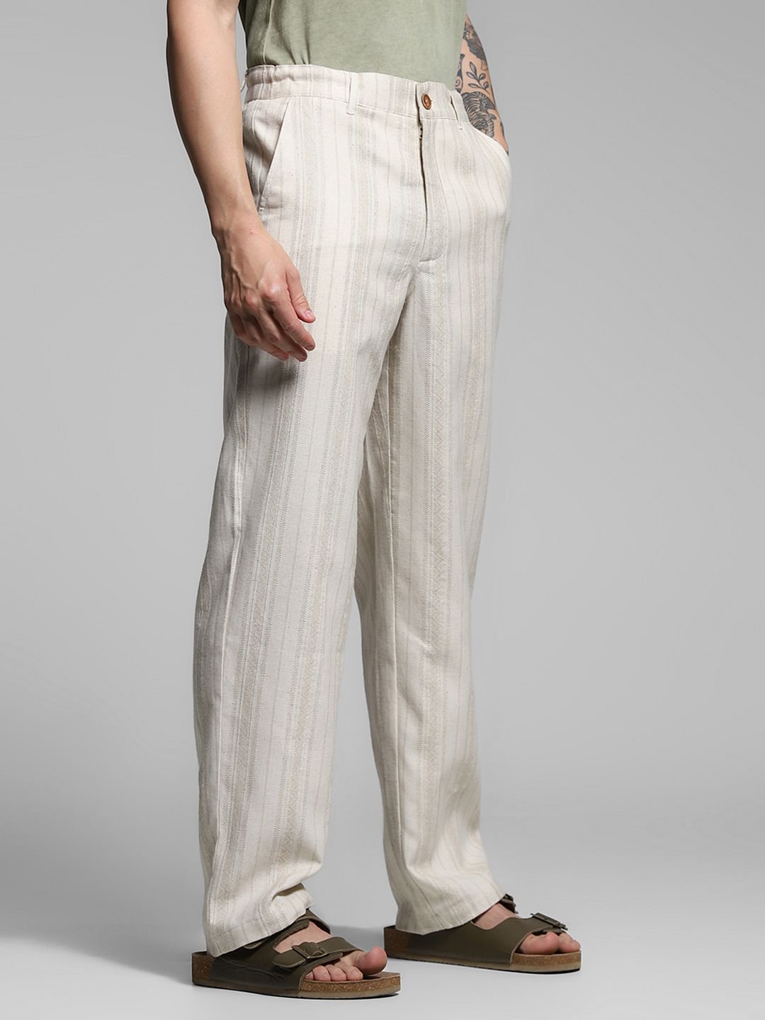Beige Mid Rise Striped Casual Pants