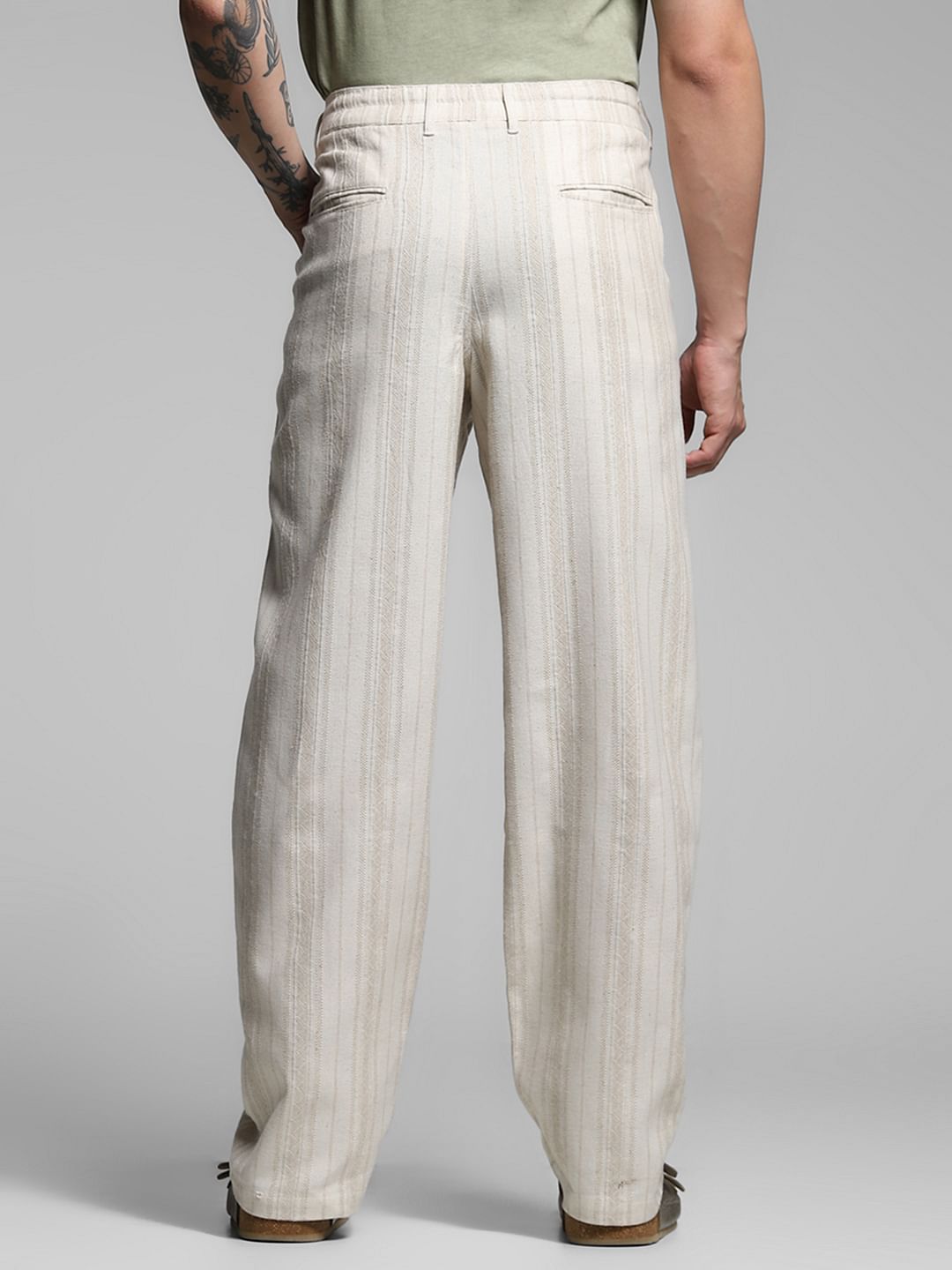 Beige Mid Rise Striped Casual Pants