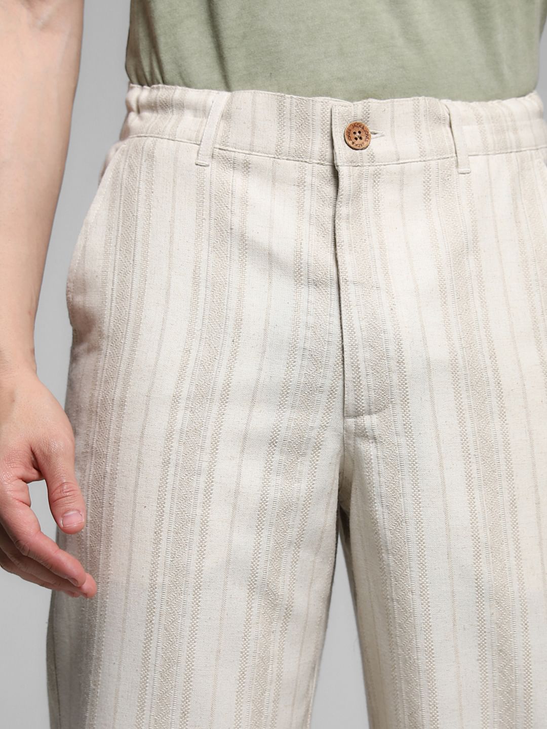 Beige Mid Rise Striped Casual Pants