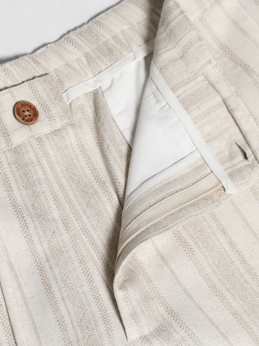 Beige Mid Rise Striped Casual Pants