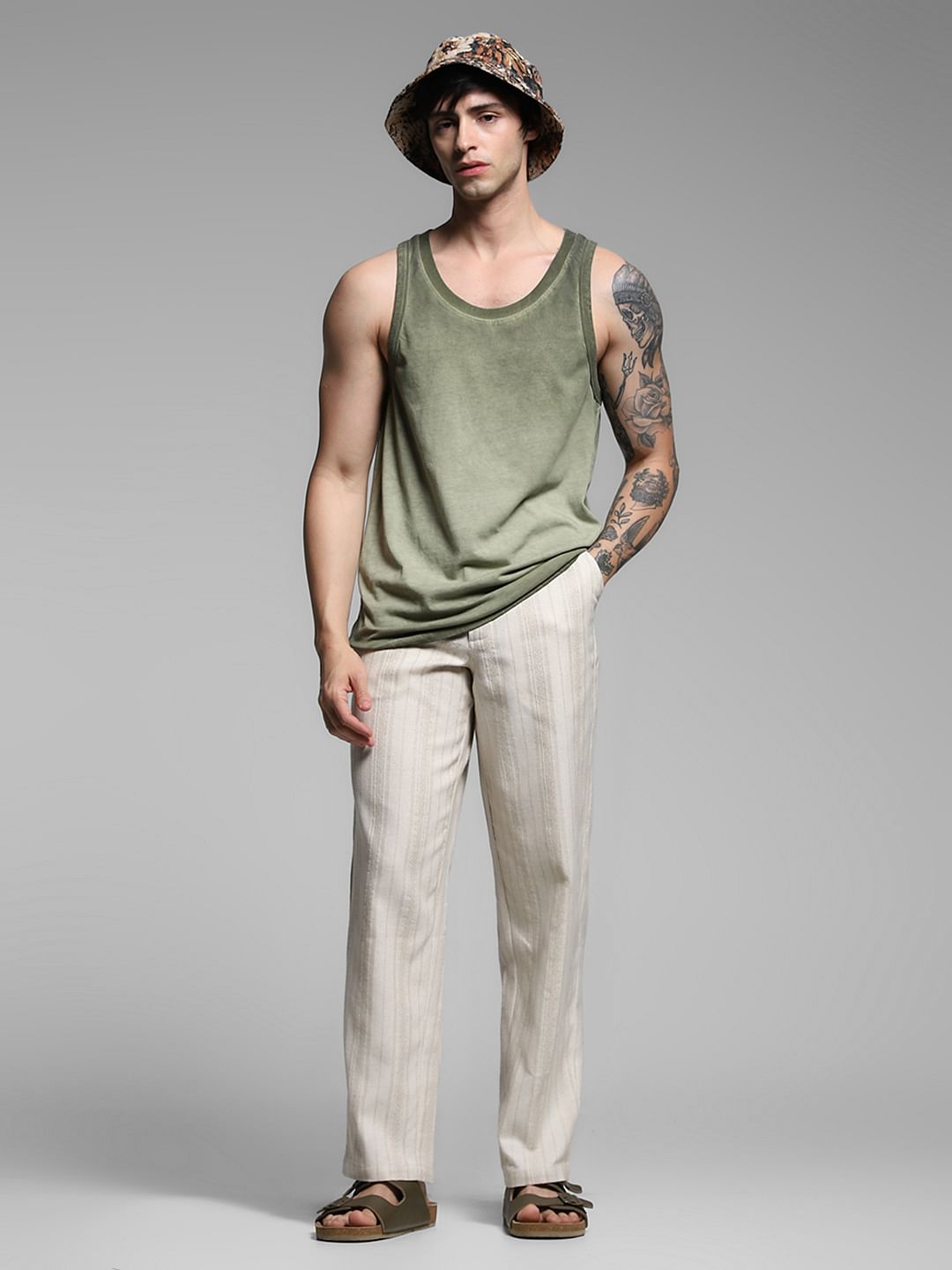 Beige Mid Rise Striped Casual Pants