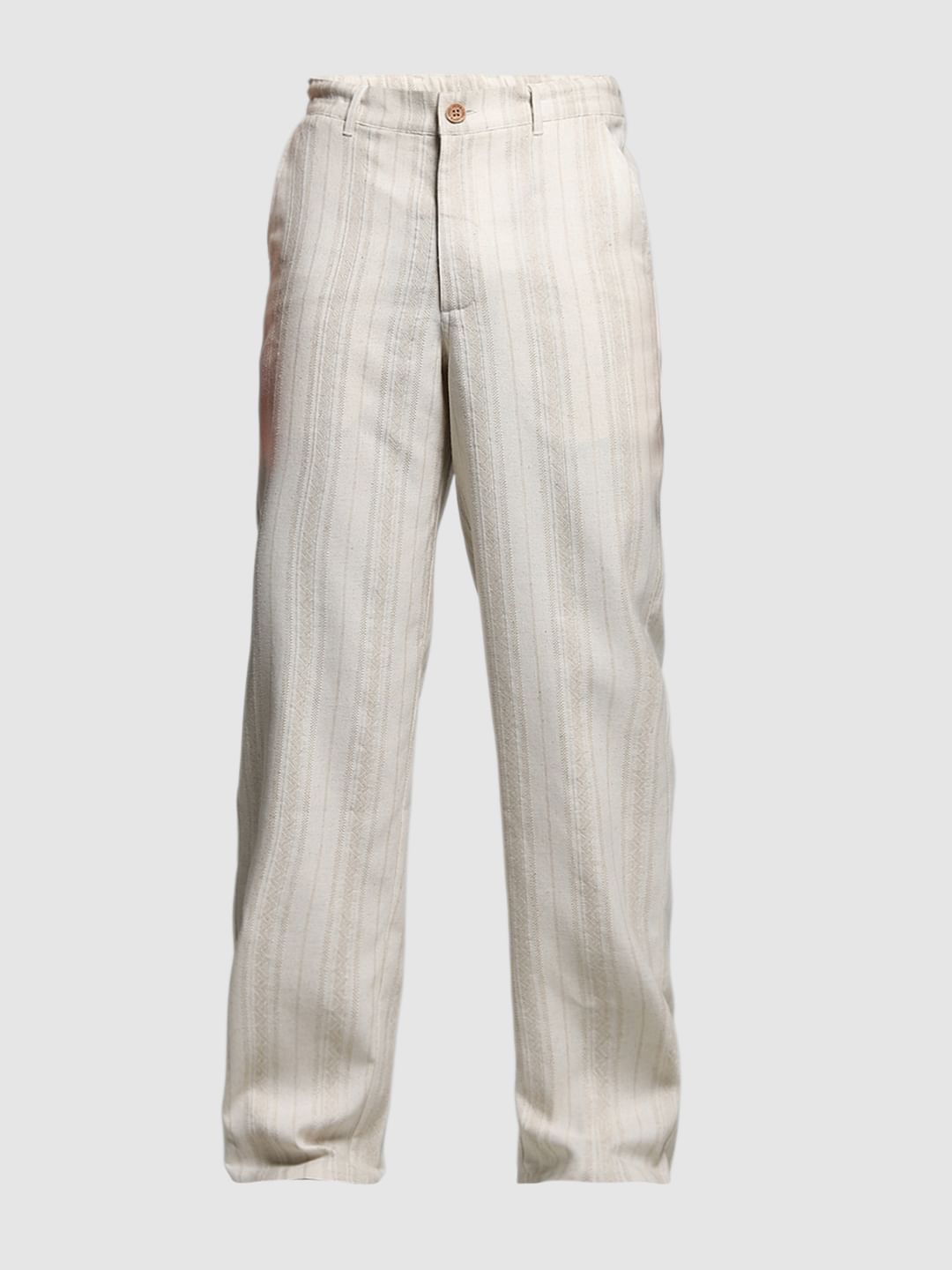 Beige Mid Rise Striped Casual Pants