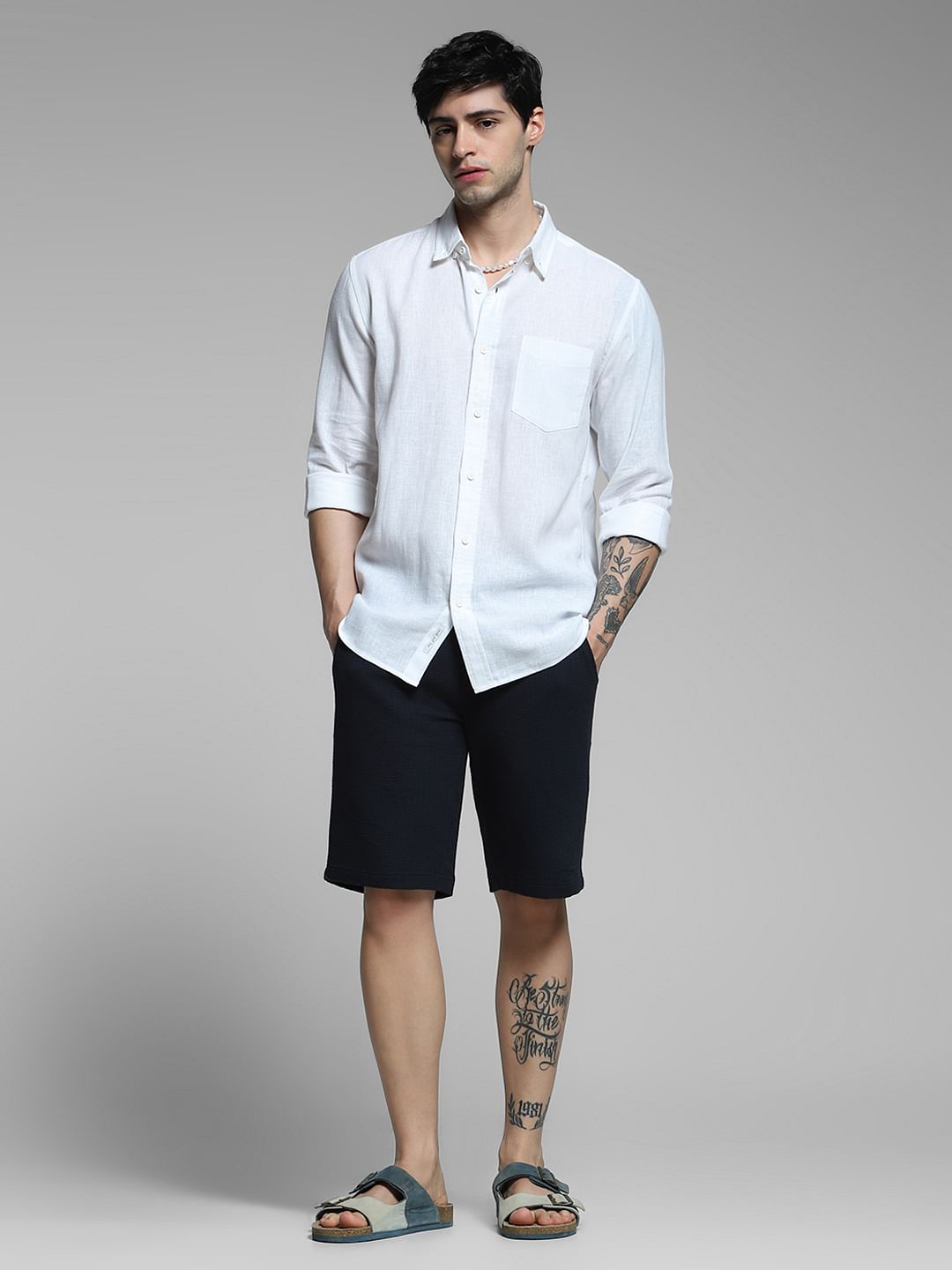 Navy Blue Mid Rise Cotton Shorts