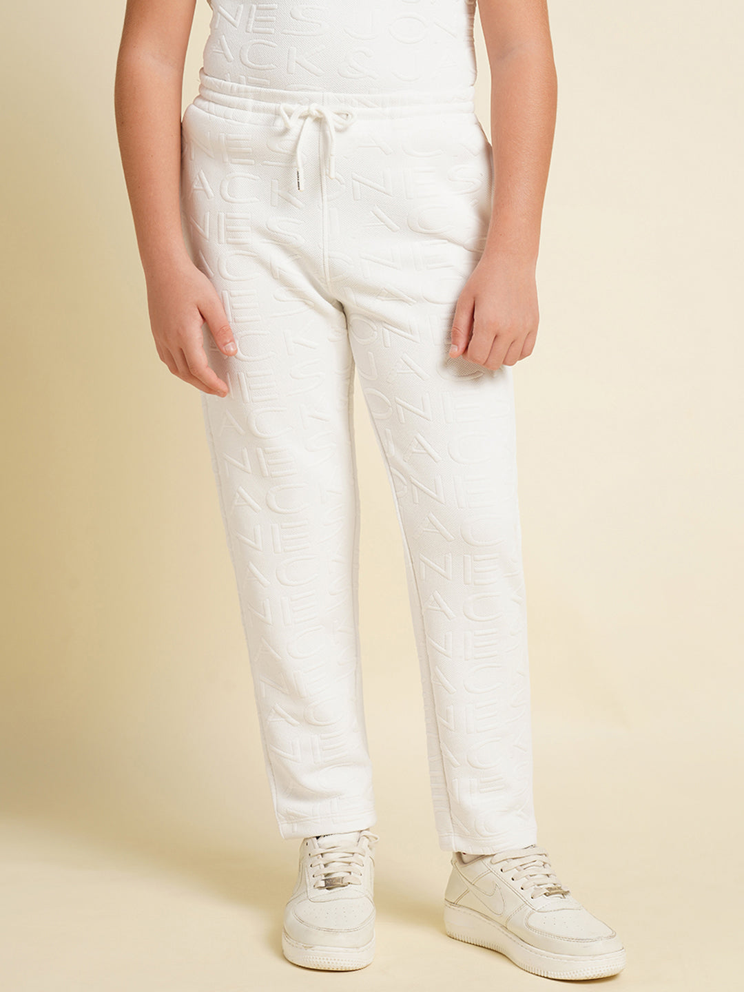 Boys White Cotton Joggers With Drawstring Waist And 3 Pockets