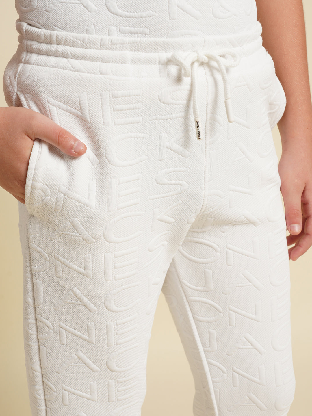 Boys White Cotton Joggers With Drawstring Waist And 3 Pockets
