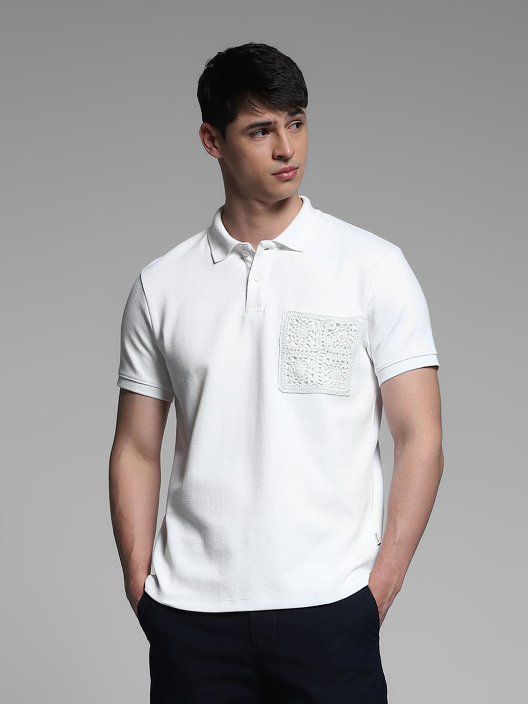 White Embroidered Pocket Polo