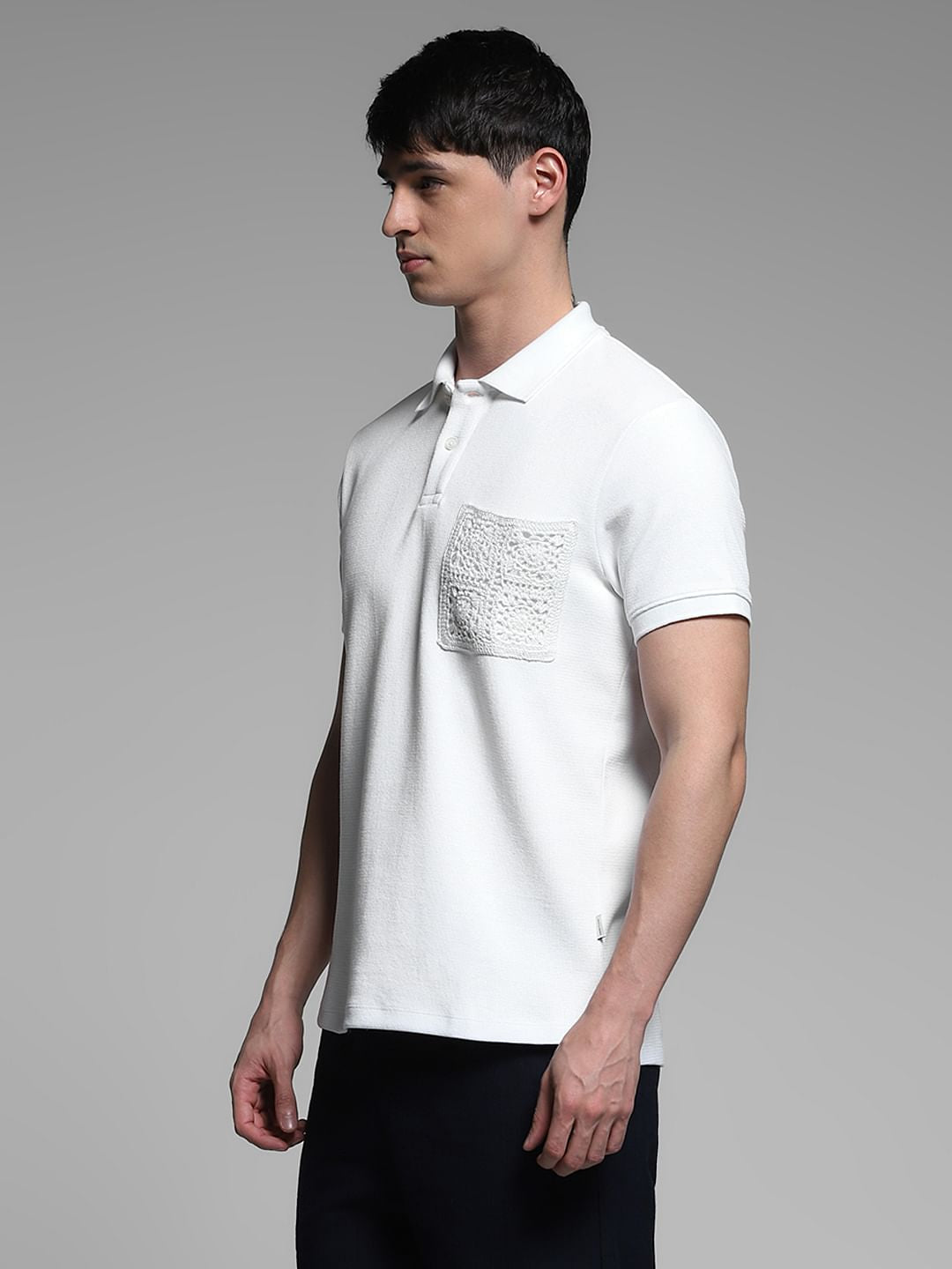 White Embroidered Pocket Polo