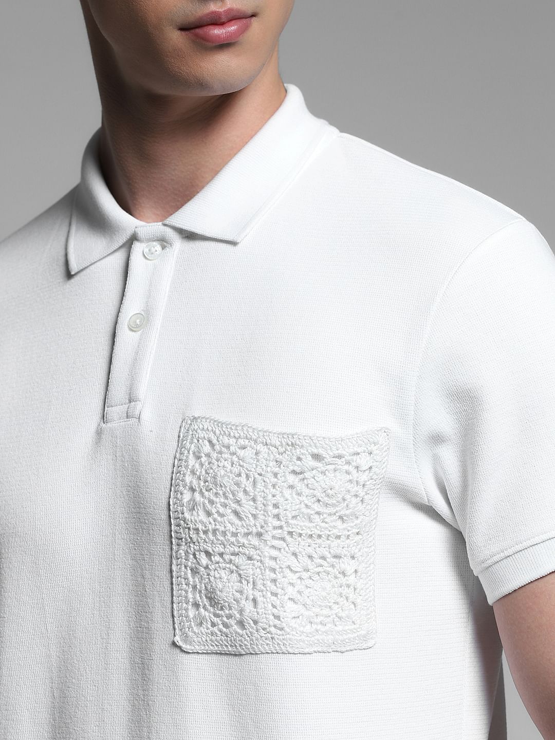 White Embroidered Pocket Polo
