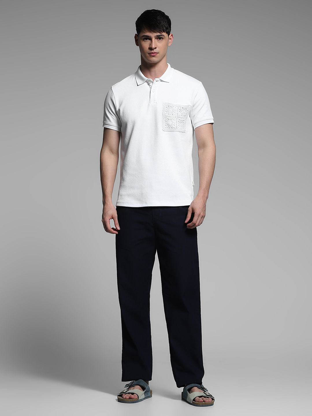 White Embroidered Pocket Polo