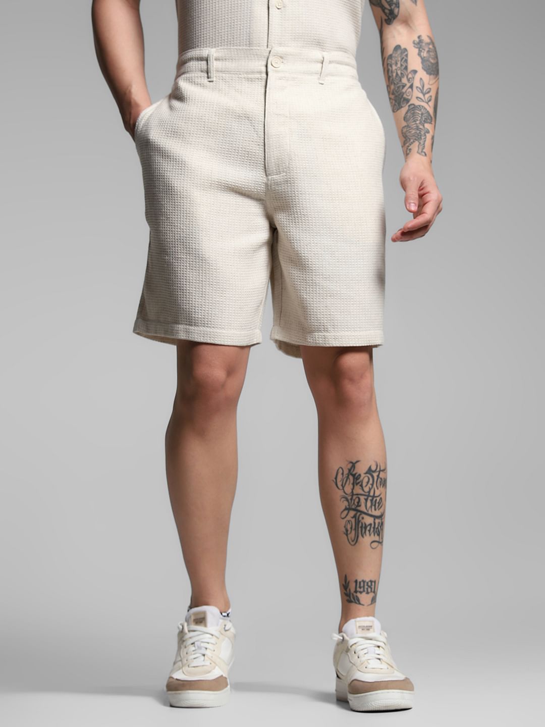 Ecru Waffle Textured Co-ord Set Shorts - M