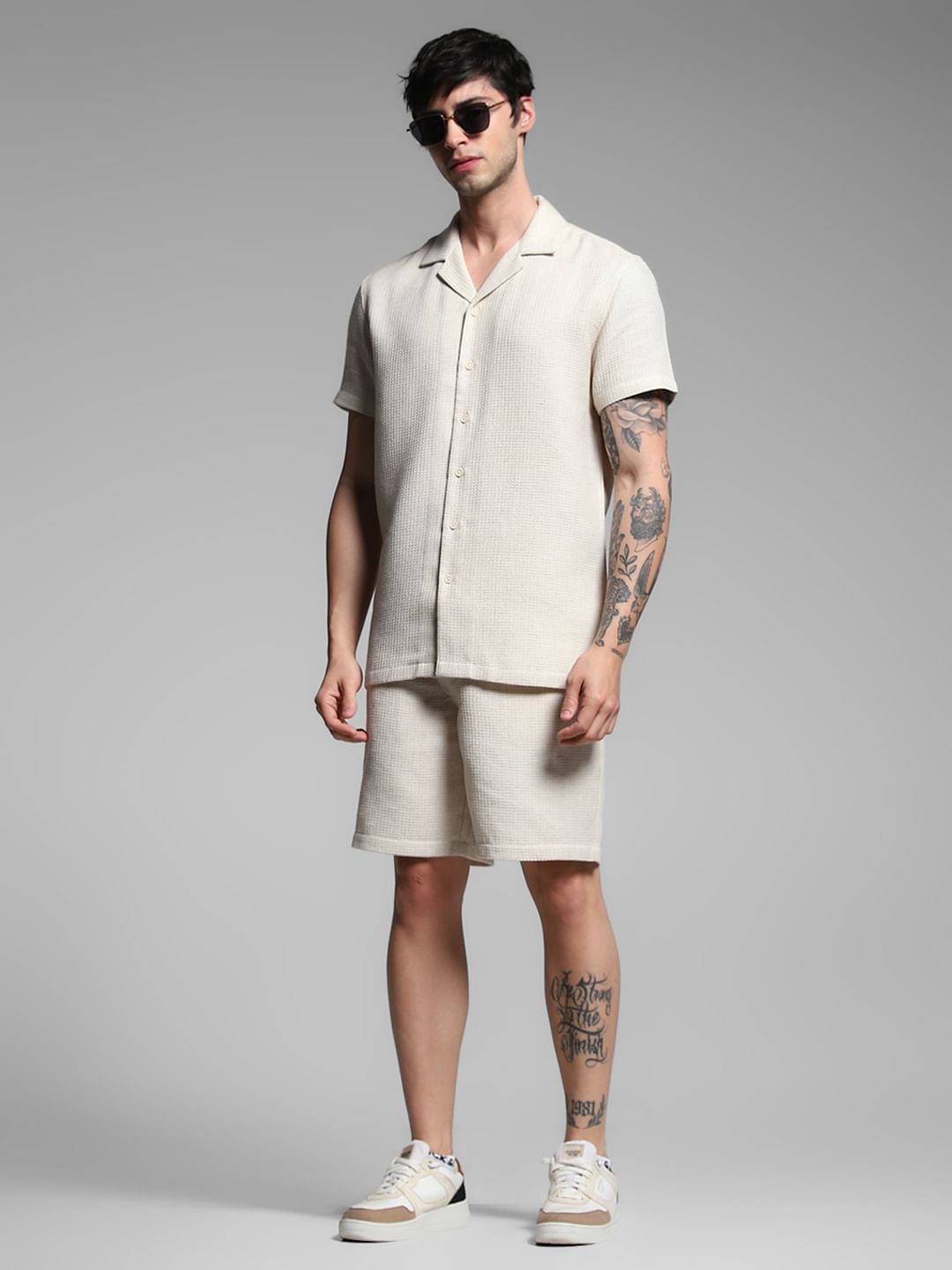 Ecru Waffle Textured Co-ord Set Shorts