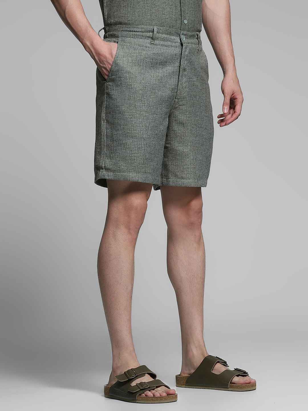 Olive Green Dobby Co-ord Set Shorts