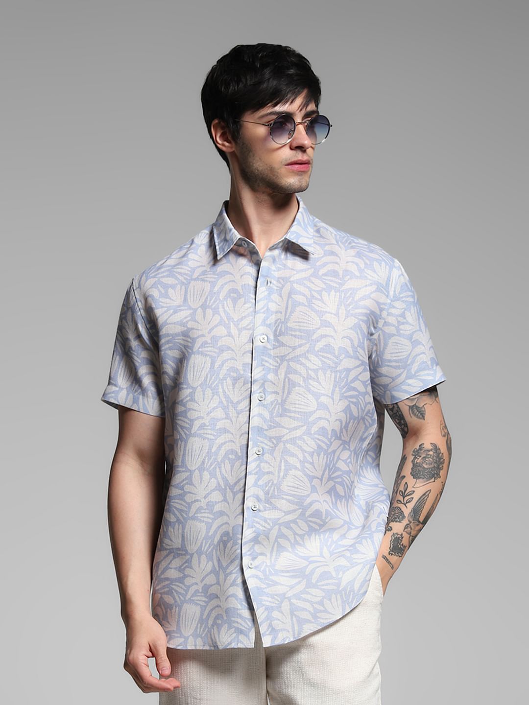 Blue Printed Short Sleeves Shirt - M