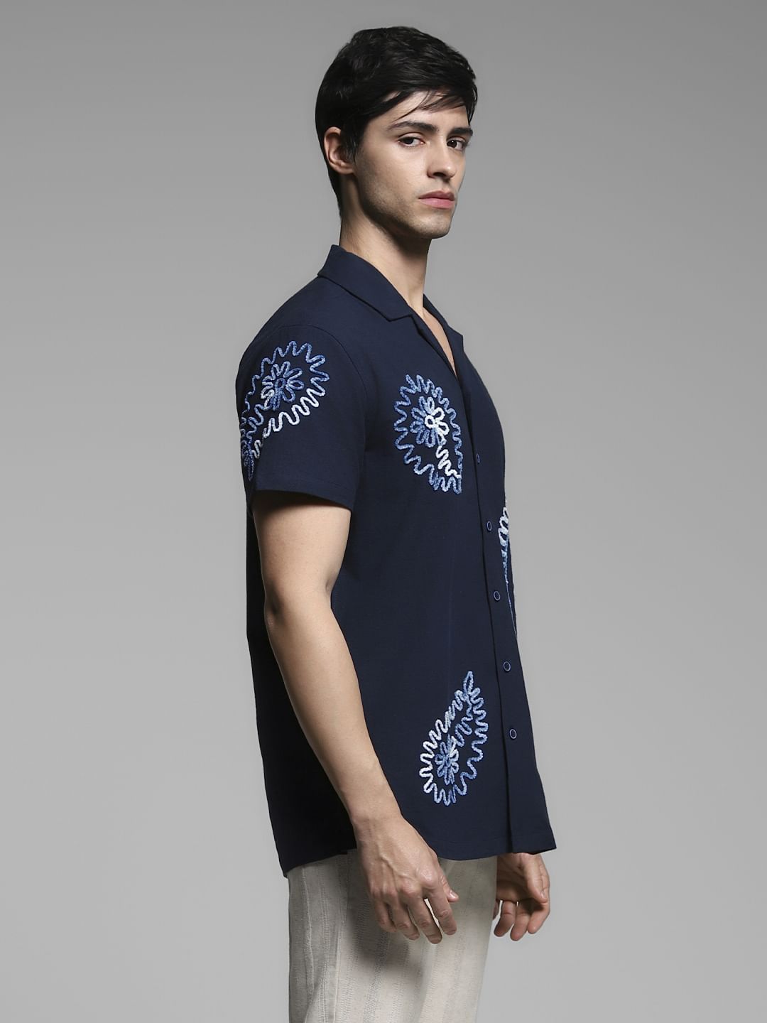 Dark Blue Embroidered Cotton Shirt