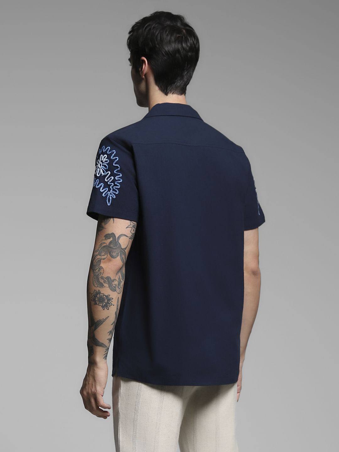 Dark Blue Embroidered Cotton Shirt