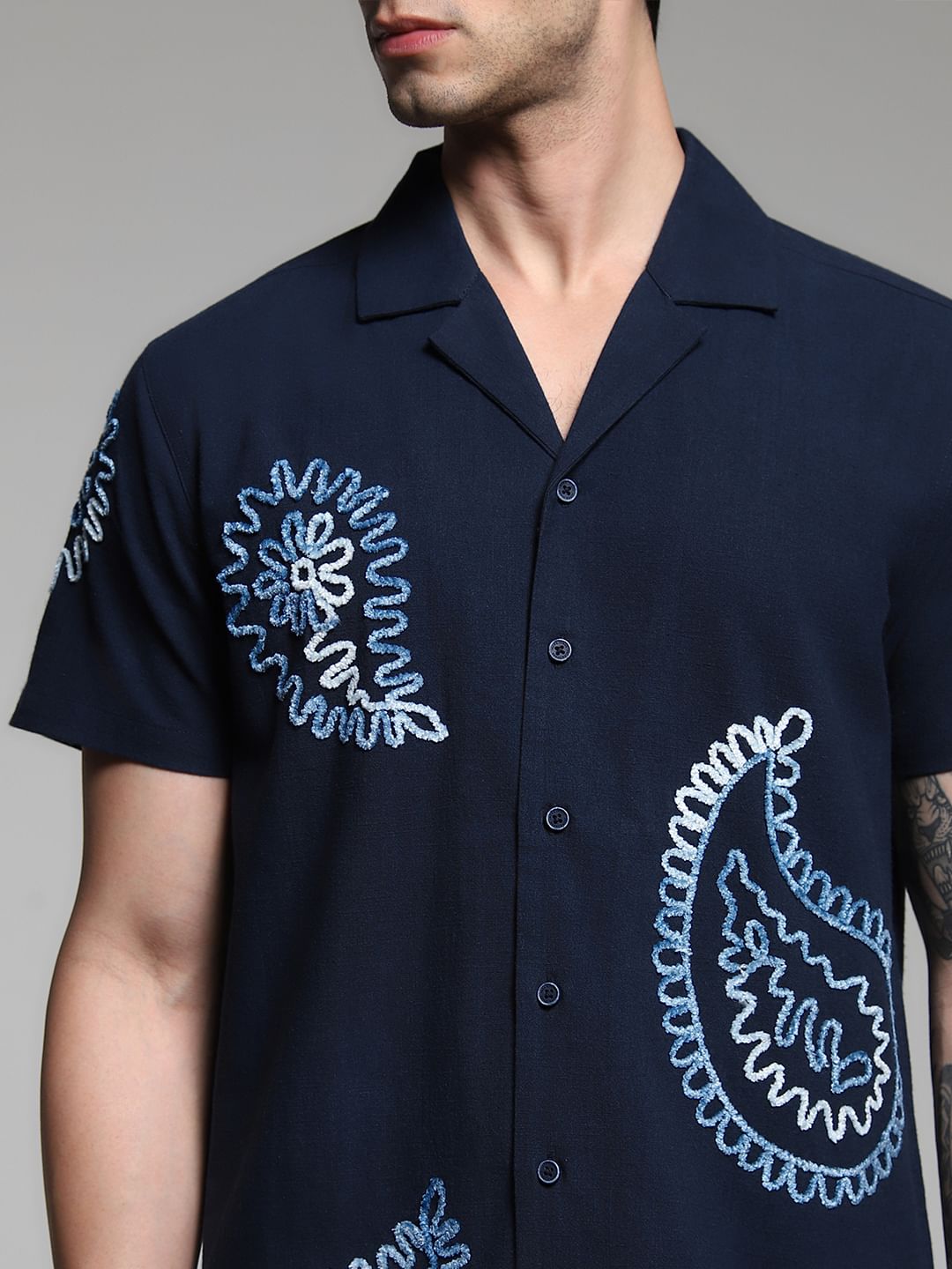 Dark Blue Embroidered Cotton Shirt