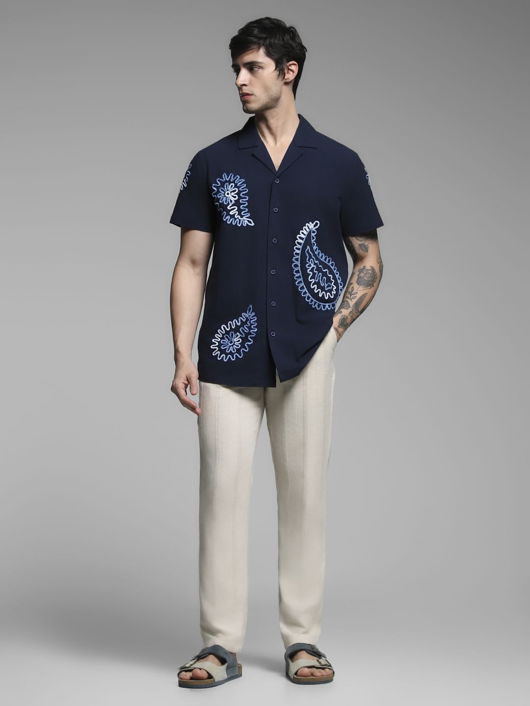 Dark Blue Embroidered Cotton Shirt