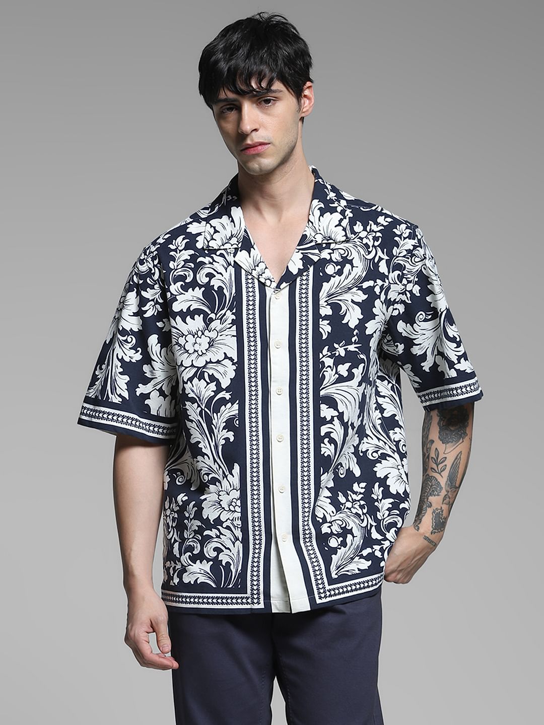 Black Floral Resort Collar Oversized Shirt