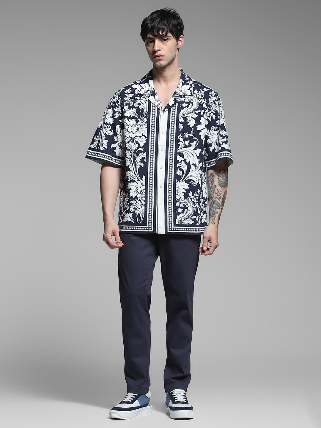 Black Floral Resort Collar Oversized Shirt