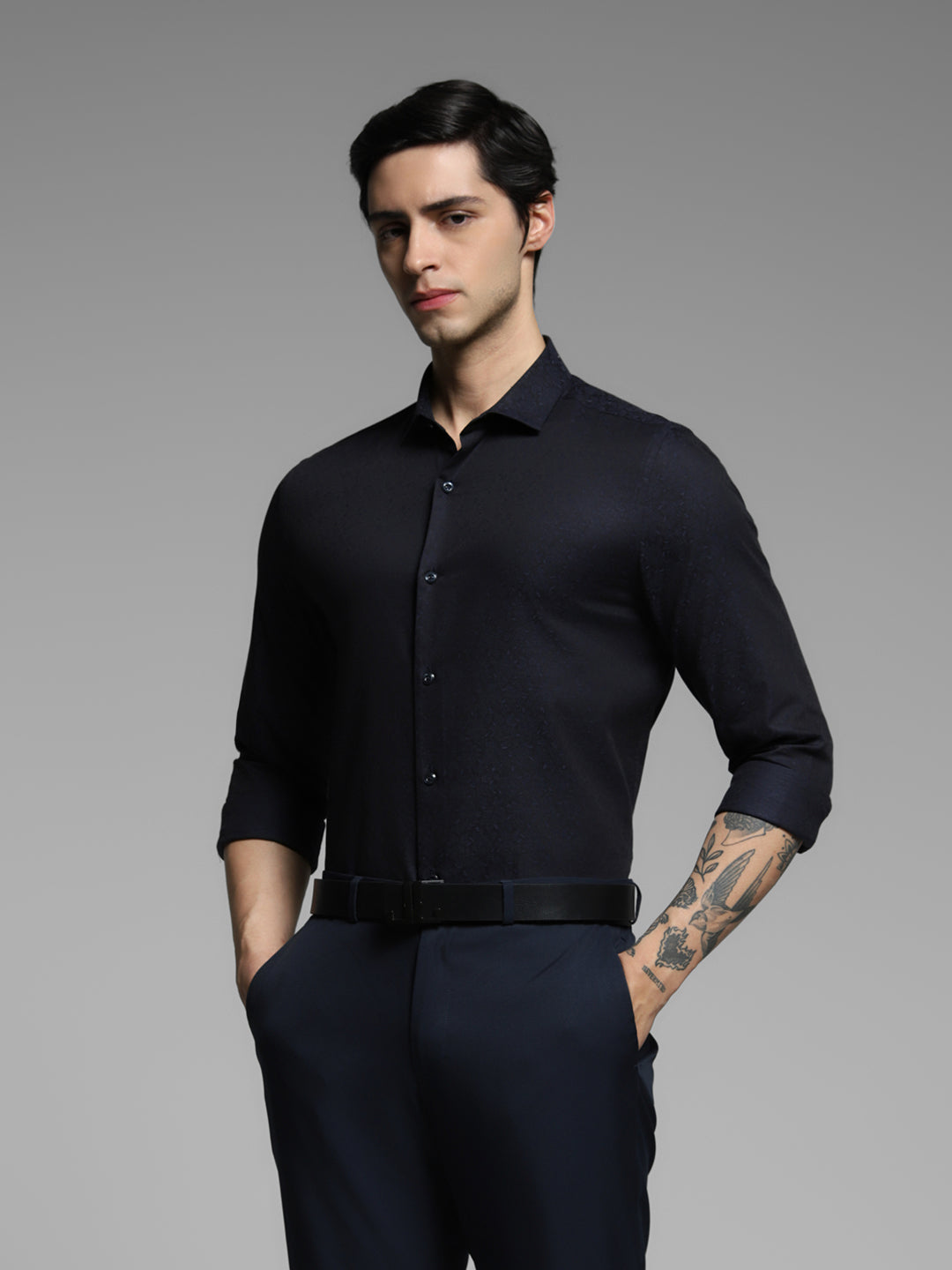 Men's Navy Blue Cotton Dobby Slim Fit Shirt