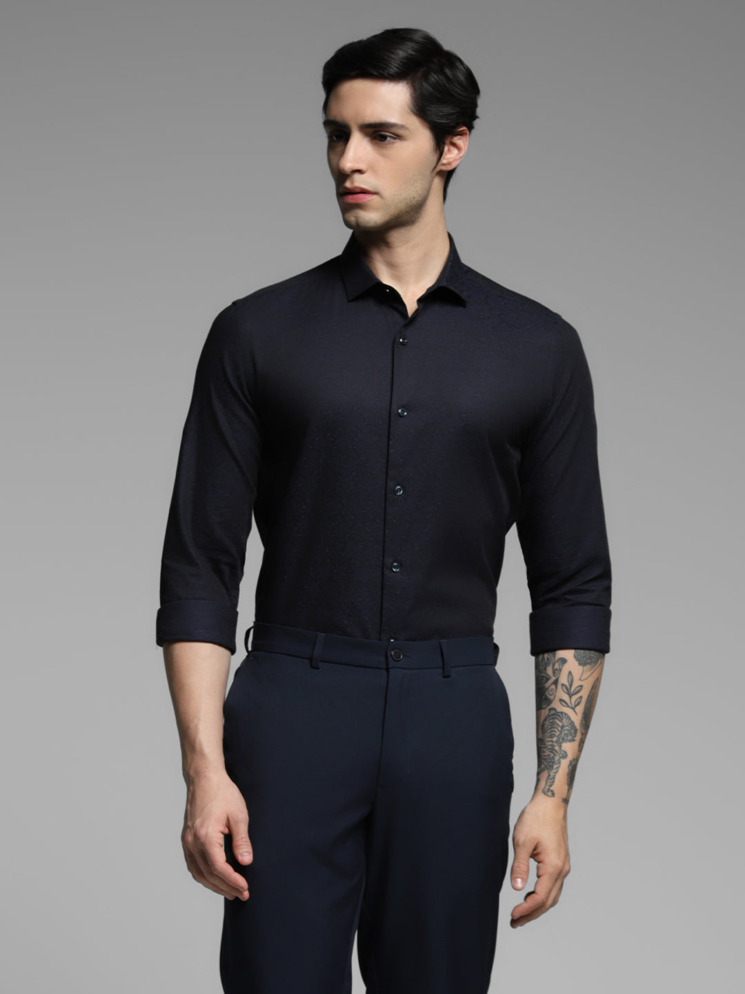 Men's Navy Blue Cotton Dobby Slim Fit Shirt
