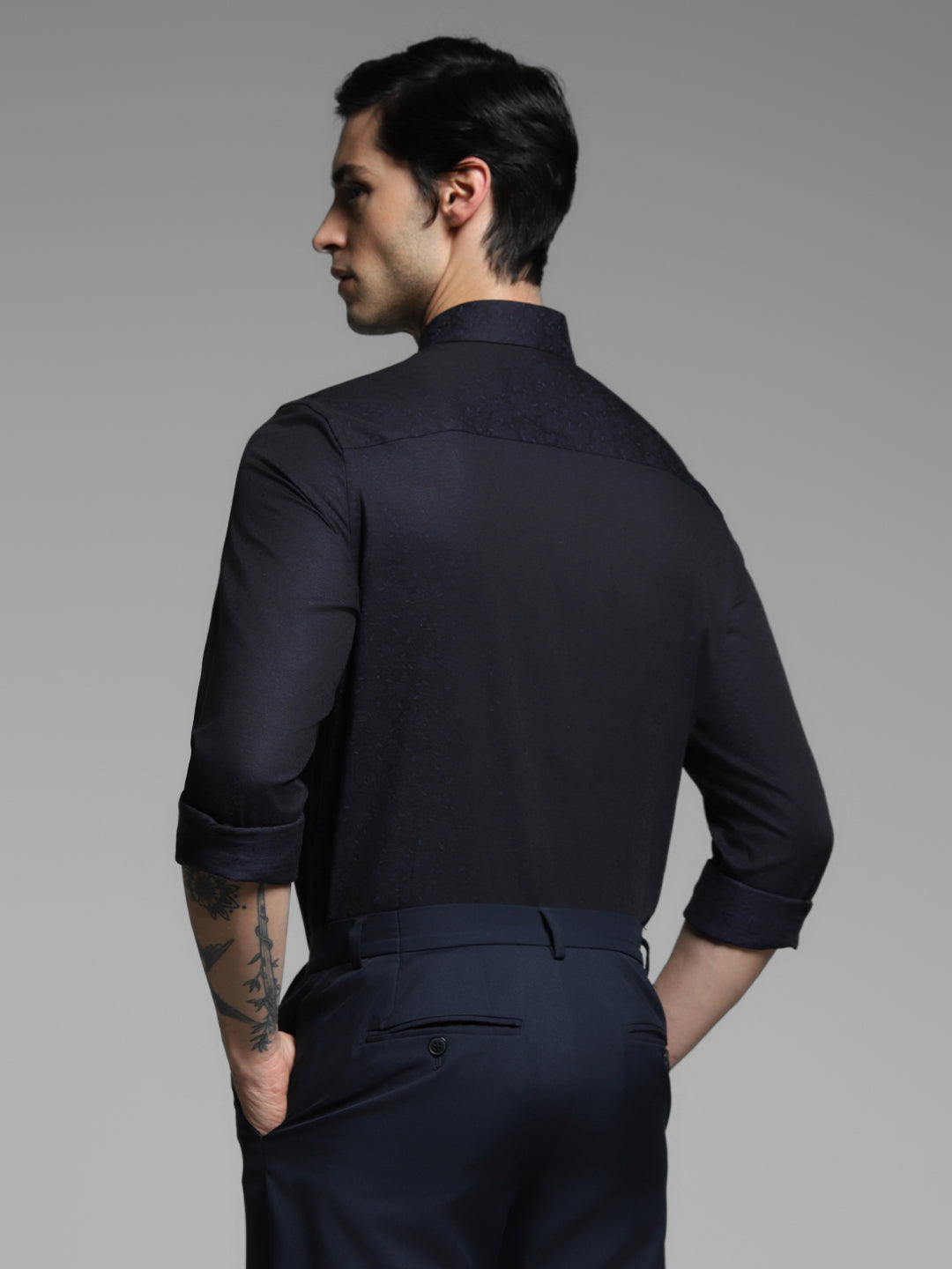 Men's Navy Blue Cotton Dobby Slim Fit Shirt