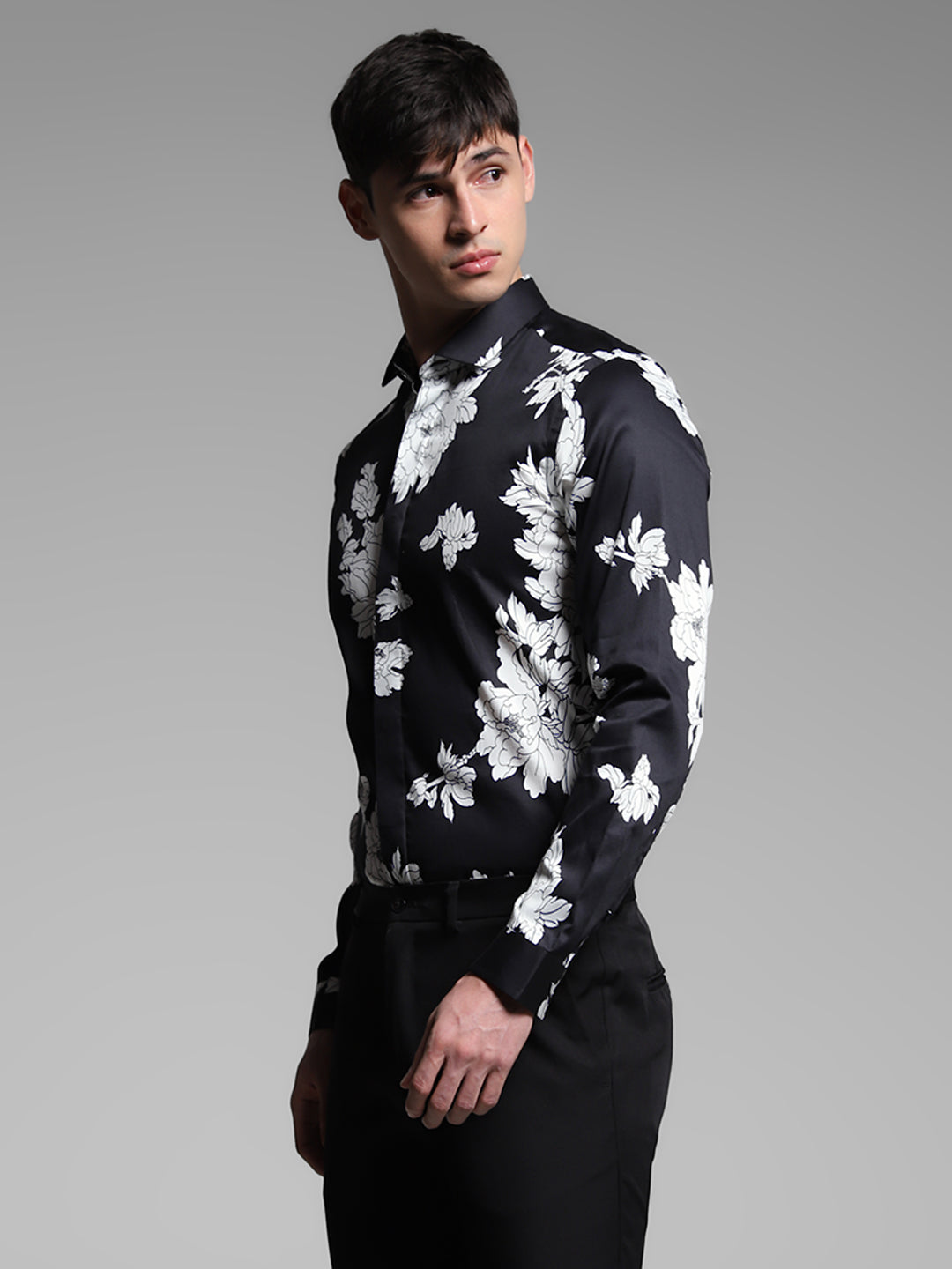 Men's Cotton Slim Fit Black Floral Print Shirt