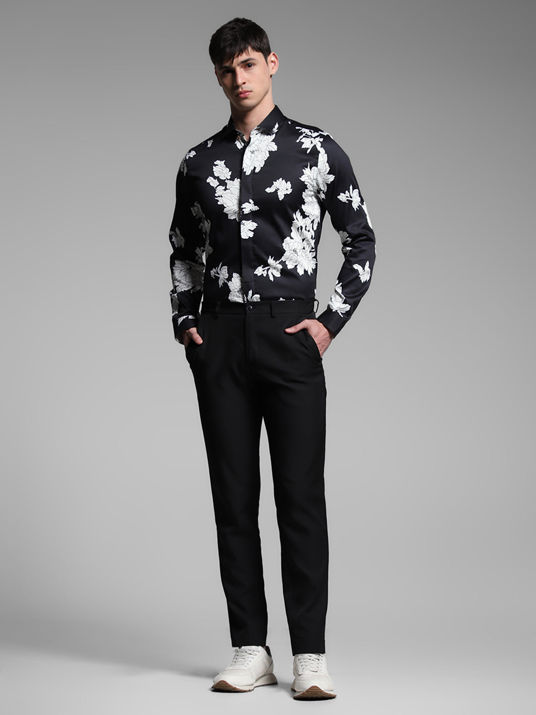Men's Cotton Slim Fit Black Floral Print Shirt