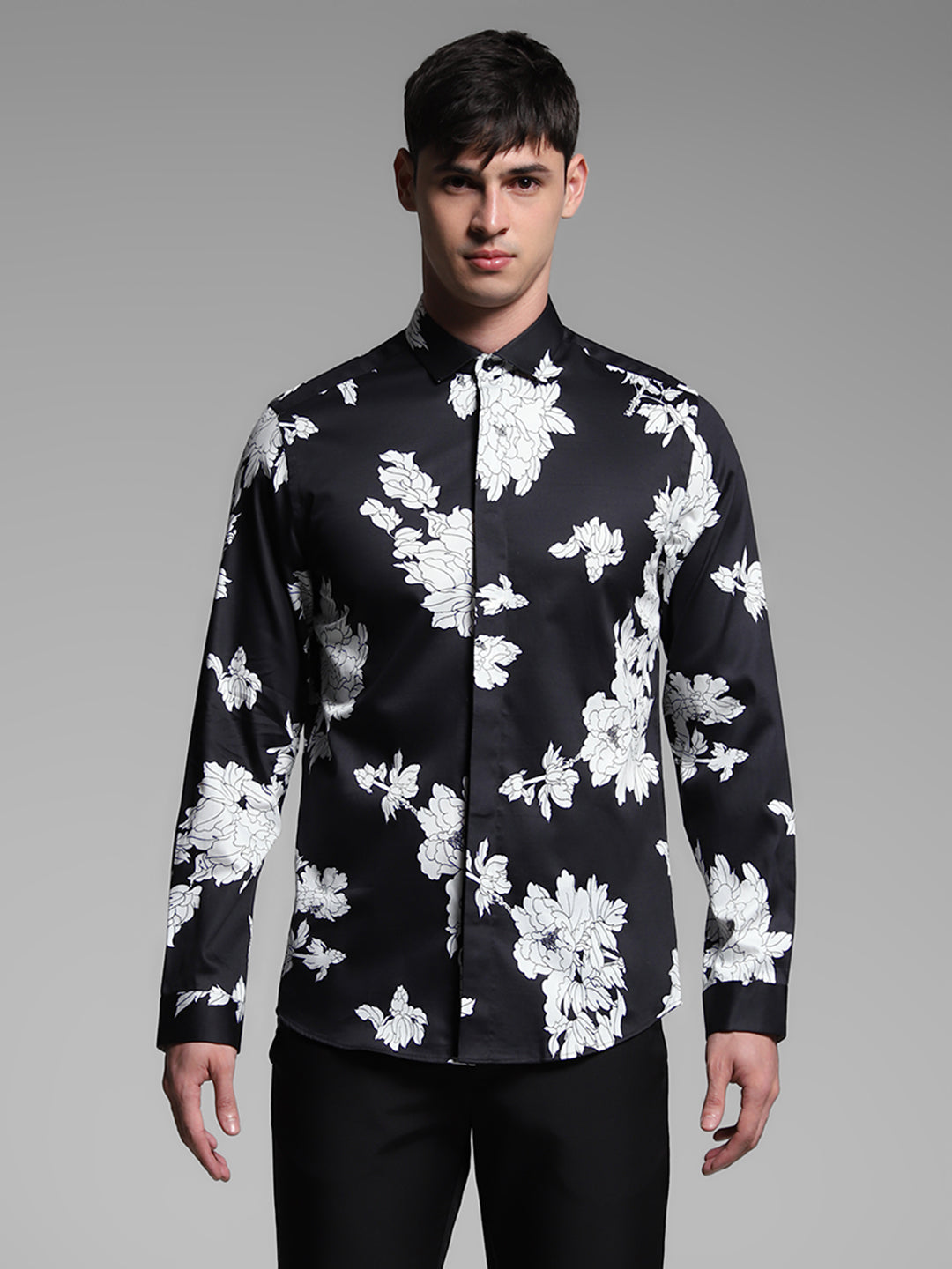 Men's Cotton Slim Fit Black Floral Print Shirt