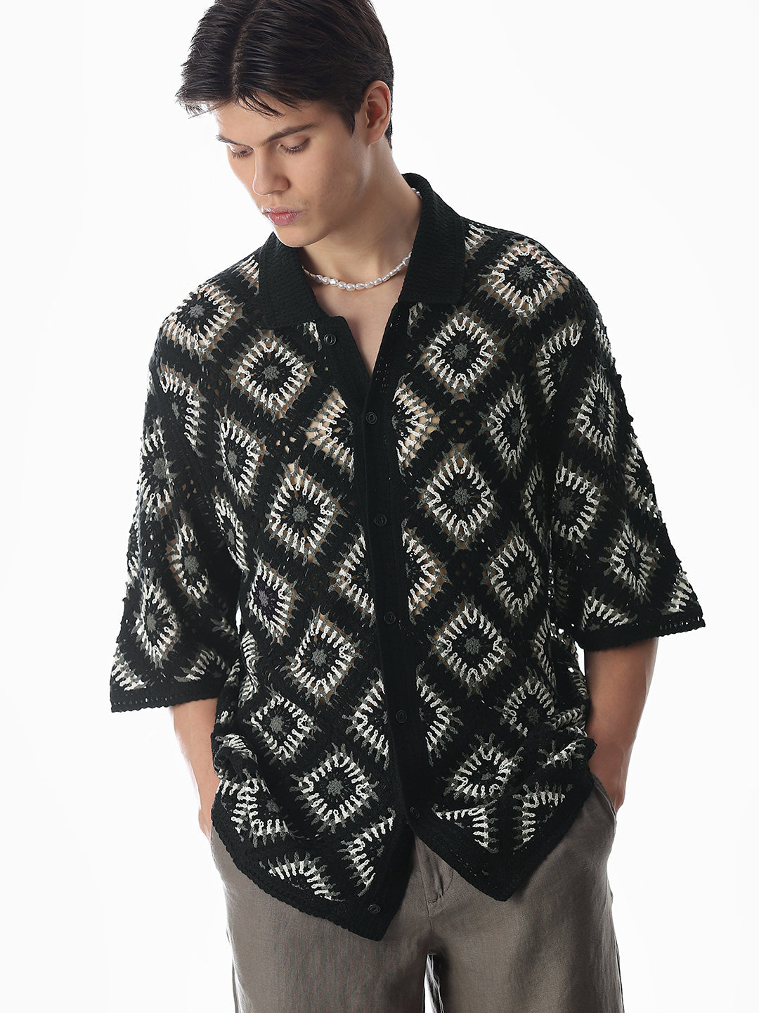 Buy Black Knitted Crochet Oversized Shirt for Mens Online at