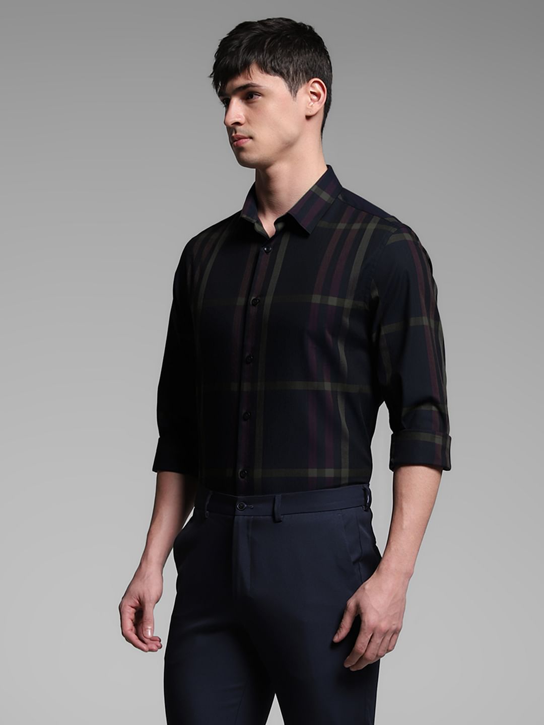 Dark Blue Check Print Cotton Shirt