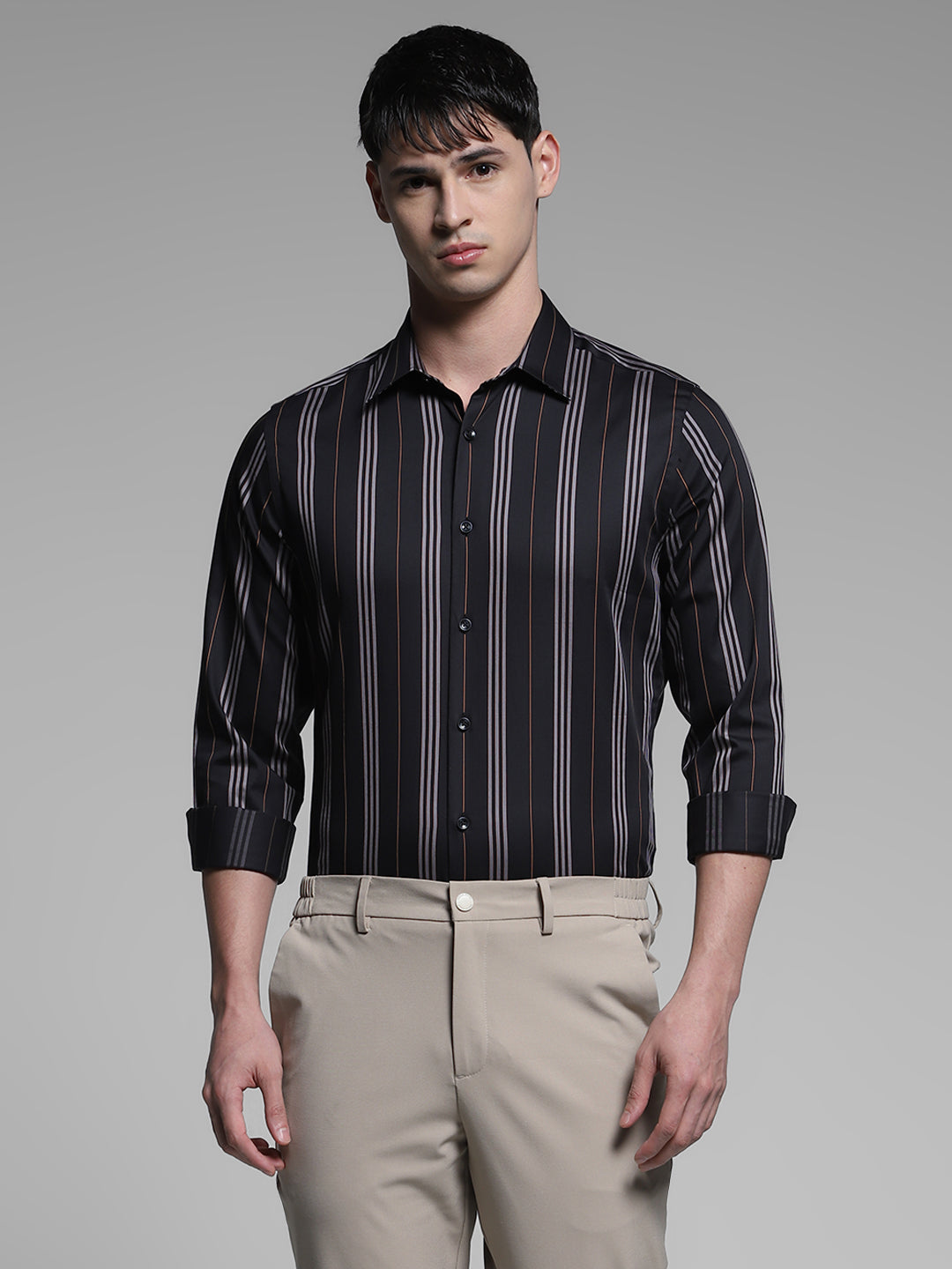 Men's Black Cotton Striped Slim Fit Shirt