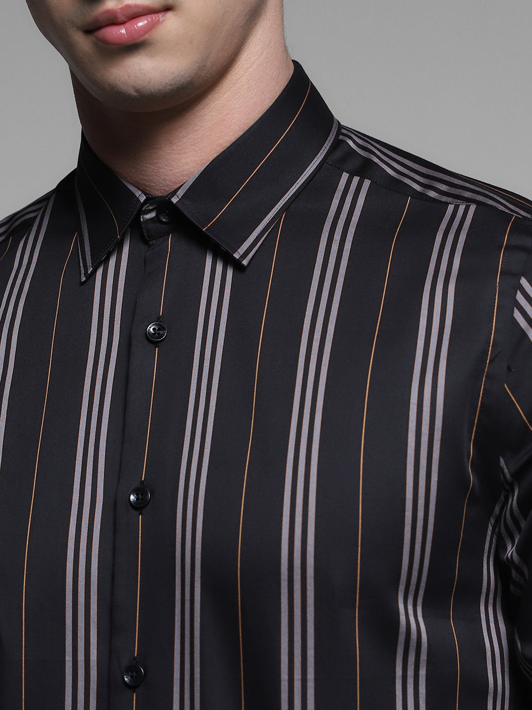 Men's Black Cotton Striped Slim Fit Shirt